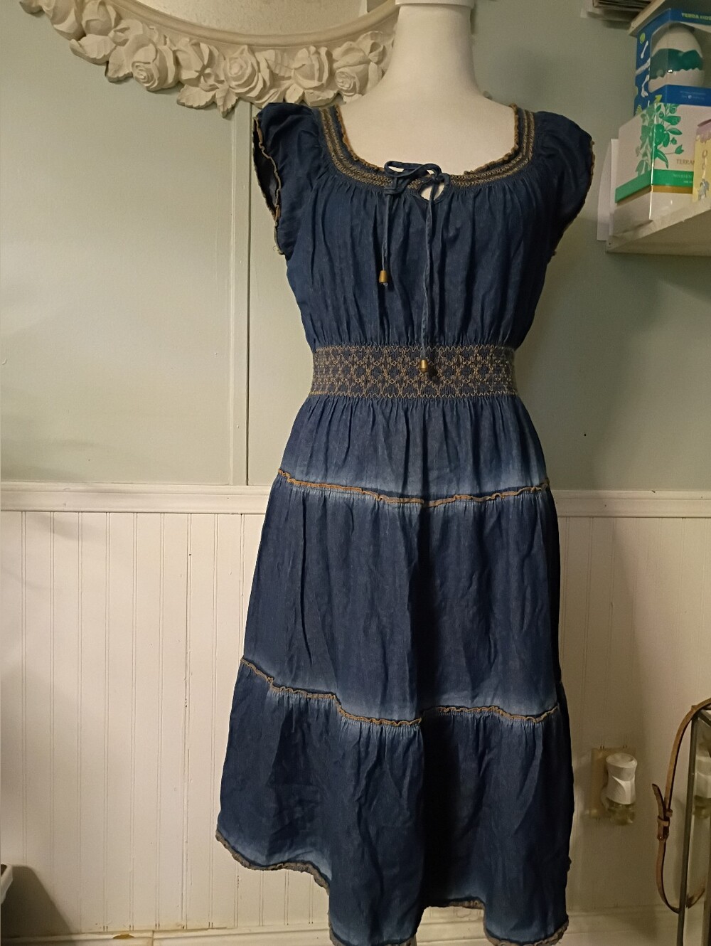 Boho Smocked Waist Navy Midi Dress with Tie Neck